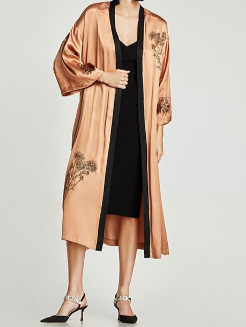 Zara Rose Gold Oversized Satin Embroidered Long Kimono Robe with Black Trim